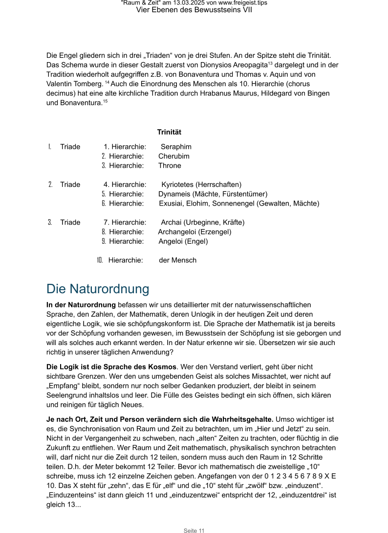 "Raum & Zeit" am 13.03.2025 von www.freigeist.tips Vier Ebenen des Bewusstseins VII Seite 11 Die Engel gliedern sich in drei „Triaden“ von je drei Stufen. An der Spitze steht die Trinität. Das Schema wurde in dieser Gestalt zuerst von Dionysios Areopagita13 dargelegt und in der Tradition wiederholt aufgegriffen z.B. von Bonaventura und Thomas v. Aquin und von Valentin Tomberg. 14 Auch die Einordnung des Menschen als 10. Hierarchie (chorus decimus) hat eine alte kirchliche Tradition durch Hrabanus Maurus, Hildegard von Bingen und Bonaventura.15   Trinität 1.	Triade 1. Hierarchie: Seraphim 2.	Hierarchie: Cherubim 3.	Hierarchie: Throne 2.	Triade 4. Hierarchie:  Kyriotetes (Herrschaften) 5.	Hierarchie: Dynameis (Mächte, Fürstentümer) 6.	Hierarchie:  Exusiai, Elohim, Sonnenengel (Gewalten, Mächte) 3.	Triade 7. Hierarchie:  Archai (Urbeginne, Kräfte) 8.	Hierarchie: Archangeloi (Erzengel) 9.	Hierarchie:  Angeloi (Engel) 10.	Hierarchie:  der Mensch Die Naturordnung In der Naturordnung befassen wir uns detaillierter mit der naturwissenschaftlichen Sprache, den Zahlen, der Mathematik, deren Unlogik in der heutigen Zeit und deren eigentliche Logik, wie sie schöpfungskonform ist. Die Sprache der Mathematik ist ja bereits vor der Schöpfung vorhanden gewesen, im Bewusstsein der Schöpfung ist sie geborgen und will als solches auch erkannt werden. In der Natur erkenne wir sie. Übersetzen wir sie auch richtig in unserer täglichen Anwendung? Die Logik ist die Sprache des Kosmos. Wer den Verstand verliert, geht über nicht sichtbare Grenzen. Wer den uns umgebenden Geist als solches Missachtet, wer nicht auf „Empfang“ bleibt, sondern nur noch selber Gedanken produziert, der bleibt in seinem Seelengrund inhaltslos und leer. Die Fülle des Geistes bedingt ein sich öffnen, sich klären und reinigen für täglich Neues. Je nach Ort, Zeit und Person verändern sich die Wahrheitsgehalte. Umso wichtiger ist es, die Synchronisation von Raum und Zeit zu betrachten, um im „Hier und Jetzt“ zu sein. Nicht in der Vergangenheit zu schweben, nach „alten“ Zeiten zu trachten, oder flüchtig in die Zukunft zu entfliehen. Wer Raum und Zeit mathematisch, physikalisch synchron betrachten will, darf nicht nur die Zeit durch 12 teilen, sondern muss auch den Raum in 12 Schritte teilen. D.h. der Meter bekommt 12 Teiler. Bevor ich mathematisch die zweistellige „10“ schreibe, muss ich 12 einzelne Zeichen geben. Angefangen von der 0 1 2 3 4 5 6 7 8 9 X E 10. Das X steht für „zehn“, das E für „elf“ und die „10“ steht für „zwölf“ bzw. „einduzent“. „Einduzenteins“ ist dann gleich 11 und „einduzentzwei“ entspricht der 12, „einduzentdrei“ ist gleich 13...