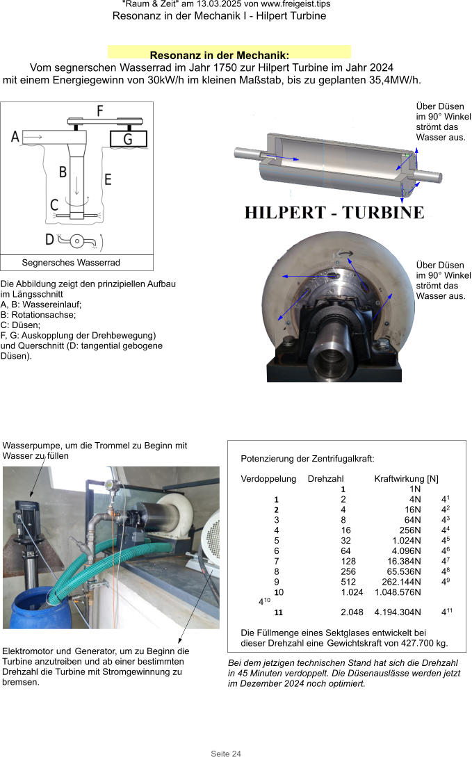 "Raum & Zeit" am 13.03.2025 von www.freigeist.tips Resonanz in der Mechanik I - Hilpert Turbine Seite 24 Resonanz in der Mechanik: Vom segnerschen Wasserrad im Jahr 1750 zur Hilpert Turbine im Jahr 2024 mit einem Energiegewinn von 30kW/h im kleinen Maßstab, bis zu geplanten 35,4MW/h. Die Abbildung zeigt den prinzipiellen Aufbau im Längsschnitt A, B: Wassereinlauf;  B: Rotationsachse;  C: Düsen; F, G: Auskopplung der Drehbewegung) und Querschnitt (D: tangential gebogene Düsen). Segnersches Wasserrad Potenzierung der Zentrifugalkraft: Verdoppelung Drehzahl Kraftwirkung [N] 1	1N 1	2               4N 41 2	4             16N 42 3	8             64N 43 4	16           256N 44 5	32        1.024N 45 6	64        4.096N 46 7	128      16.384N 47 8	256      65.536N 48 9	512    262.144N 49 10	1.024 1.048.576N 410 11	2.048 4.194.304N 411  Die Füllmenge eines Sektglases entwickelt bei dieser Drehzahl eine Gewichtskraft von 427.700 kg. Wasserpumpe, um die Trommel zu Beginn mit Wasser zu füllen Elektromotor und Generator, um zu Beginn die Turbine anzutreiben und ab einer bestimmten Drehzahl die Turbine mit Stromgewinnung zu bremsen. Über Düsen im 90° Winkel strömt das Wasser aus. Über Düsen im 90° Winkel strömt das Wasser aus. Bei dem jetzigen technischen Stand hat sich die Drehzahl in 45 Minuten verdoppelt. Die Düsenauslässe werden jetzt im Dezember 2024 noch optimiert.